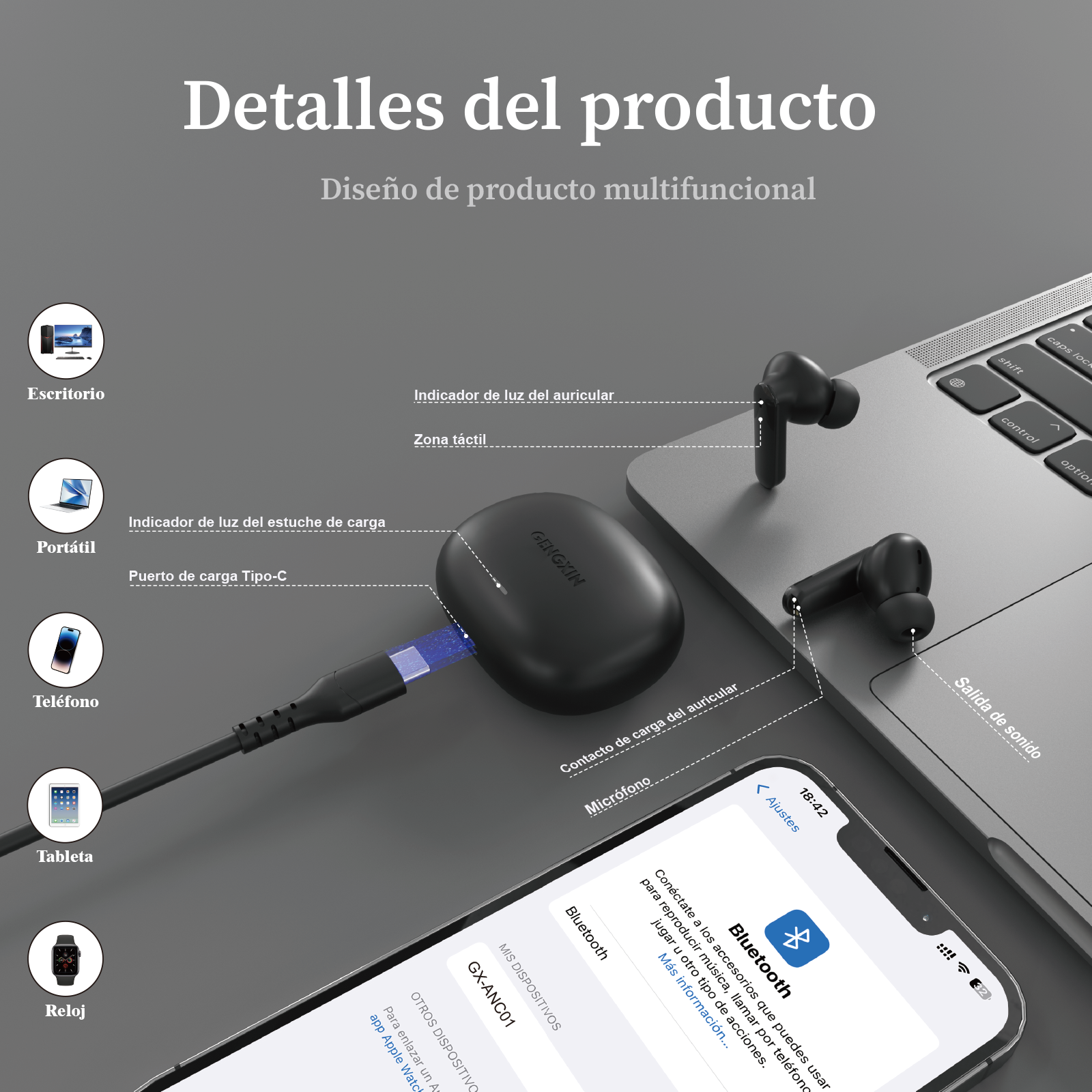 GENGXIN® Audifonos Inalambricos GX-ANC01--Cancelacion de Ruido - (Sólo para exhibición)