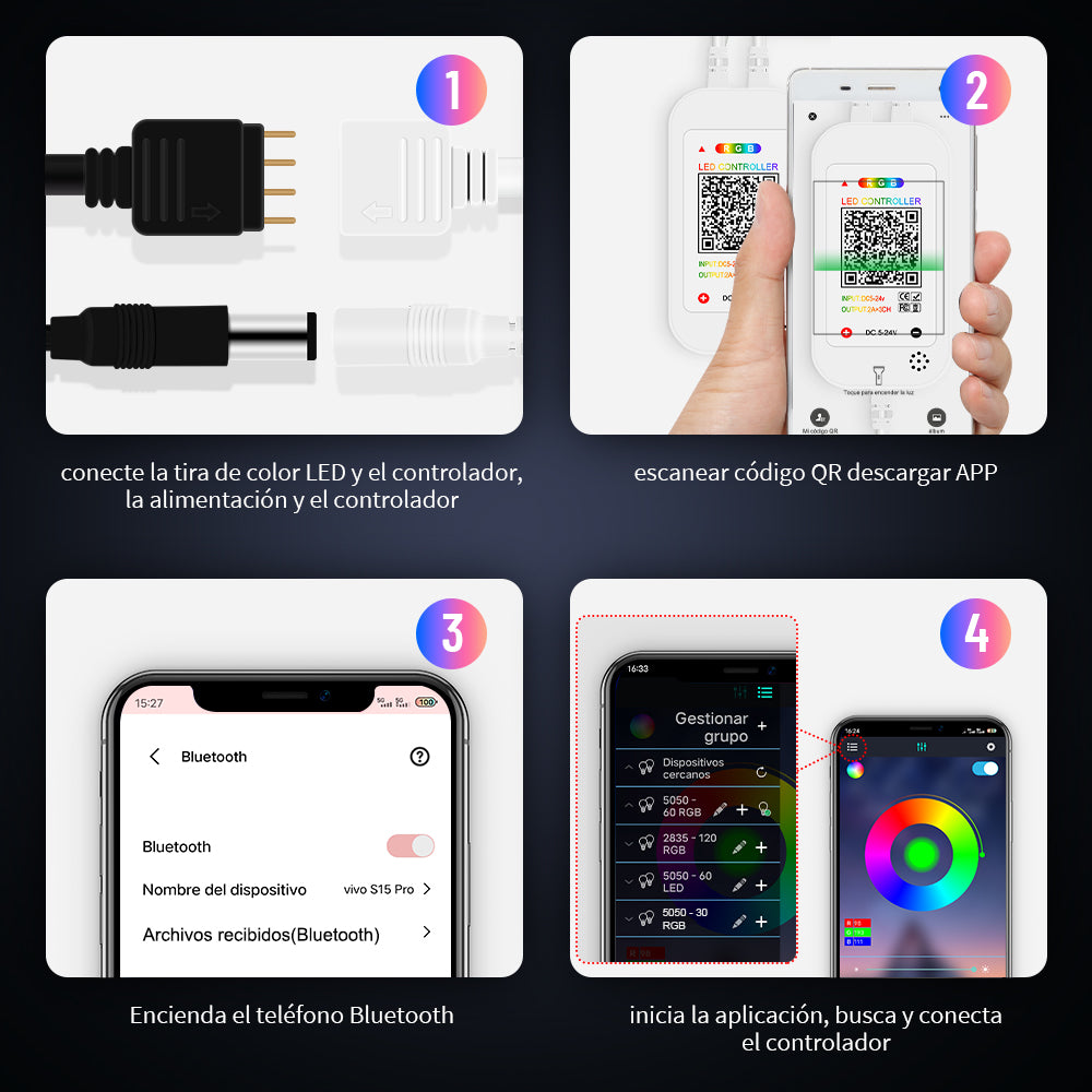 GENGXIN® Controlador APP Bluetooth Tira de LED RGB 2 Salidas