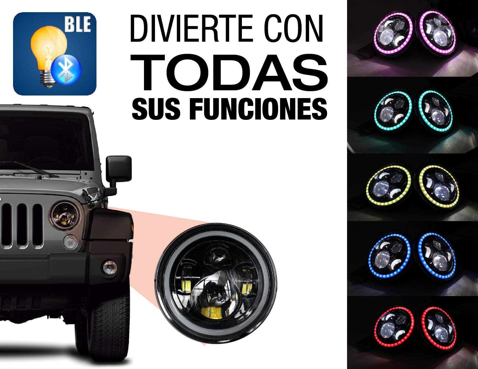 GENGXIN®  Faro Redondo 7 Pulgadas Kit 2 - HLD 02/02 Bluetooth RGB 7 Colores - (Sólo para exhibición)